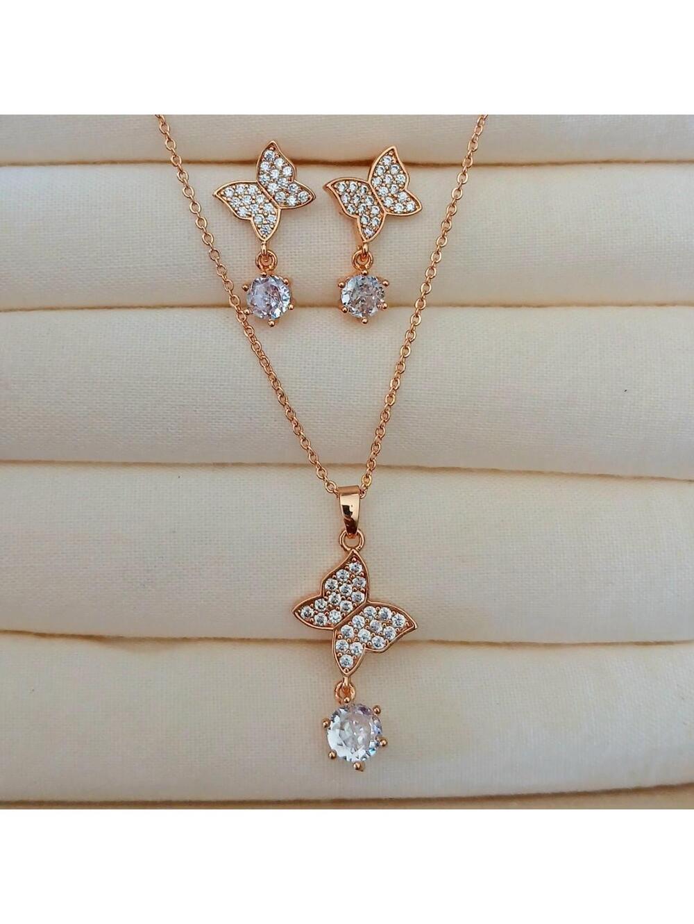 Rose Gold Butterfly Necklace & Earrings Set | 14K Gold Plated CZ